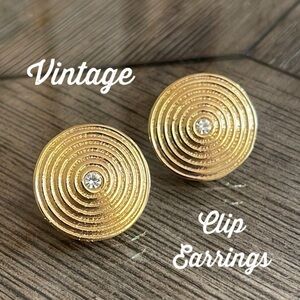 Vintage 1980’s Round Disc Clip Earrings Rhinestone Accent